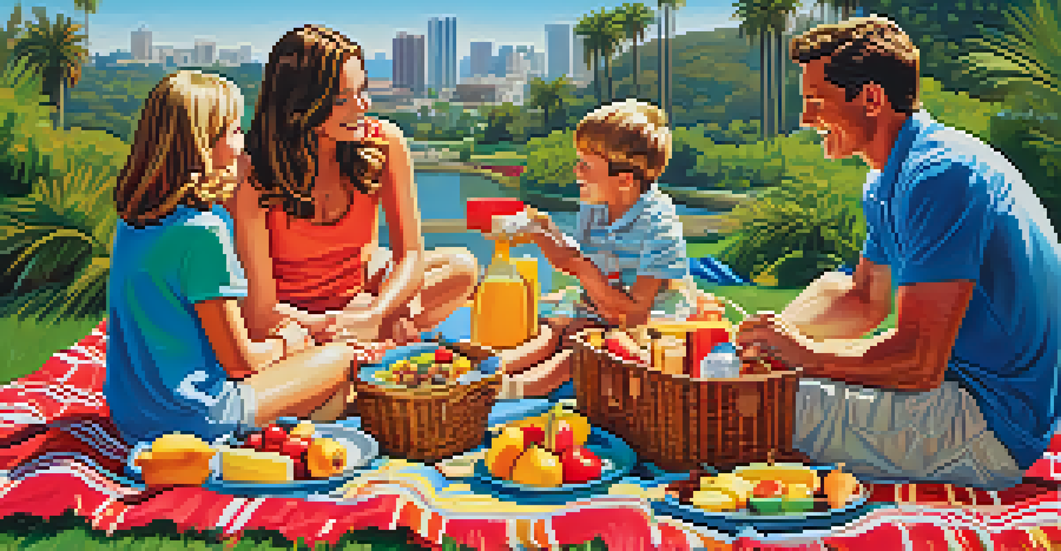 Family having a picnic in a San Diego park on a sunny day, surrounded by greenery and flowers.