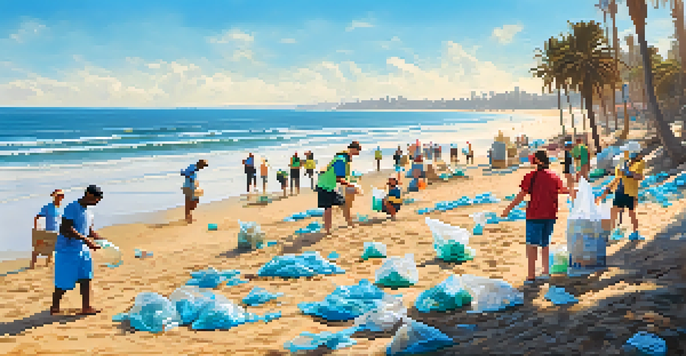A diverse group of volunteers cleaning plastic waste from a sunny San Diego beach, with palm trees and clear blue skies in the background.