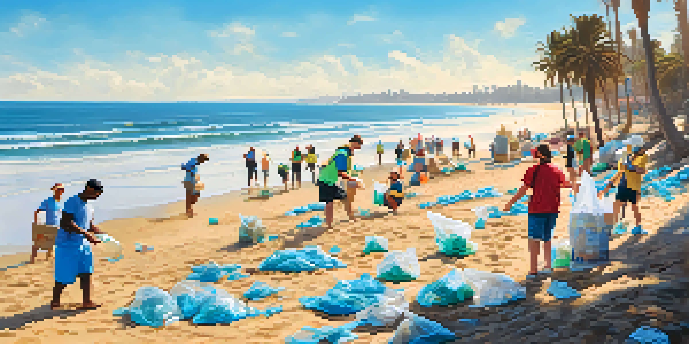 A diverse group of volunteers cleaning plastic waste from a sunny San Diego beach, with palm trees and clear blue skies in the background.