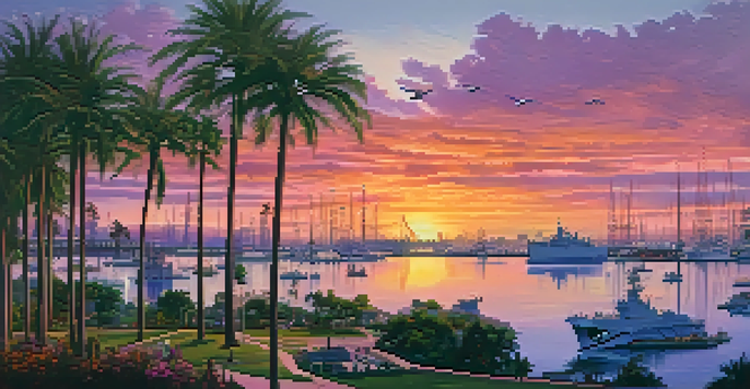 A sunset view of Naval Base San Diego with silhouetted naval ships and vibrant sky colors, framed by palm trees.