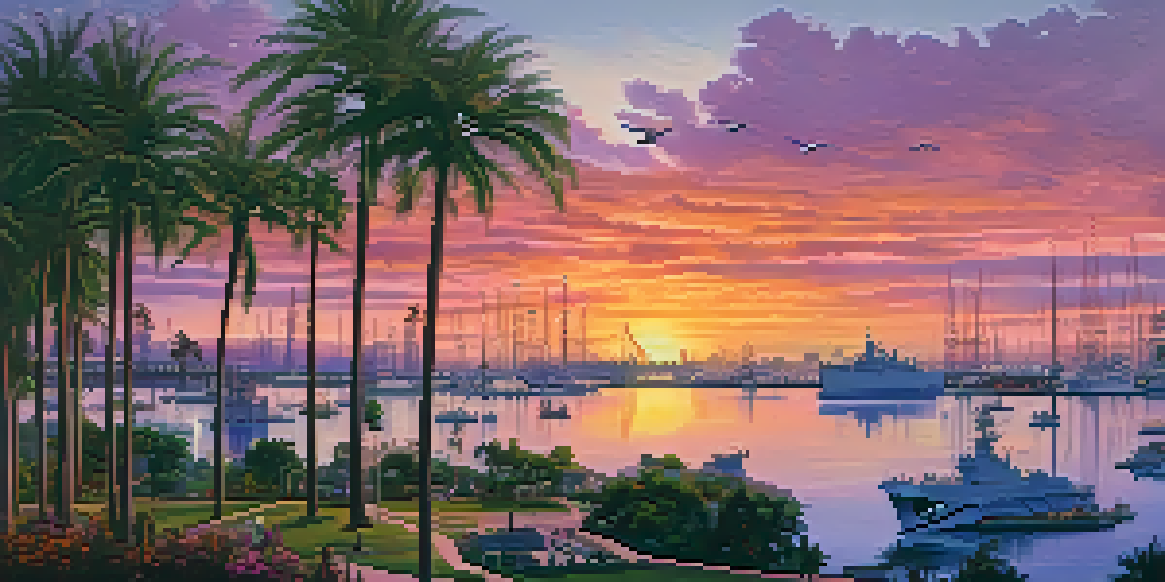 A sunset view of Naval Base San Diego with silhouetted naval ships and vibrant sky colors, framed by palm trees.