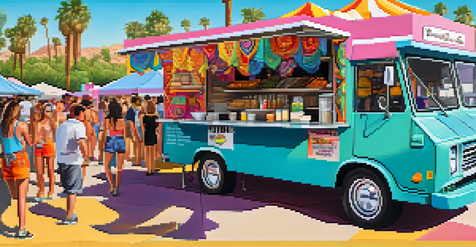 A colorful gourmet food truck serving vegan tacos at Coachella, with eager patrons in line.