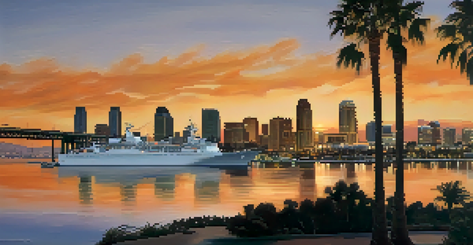 A sunset view of the San Diego harbor with naval ships and palm trees.