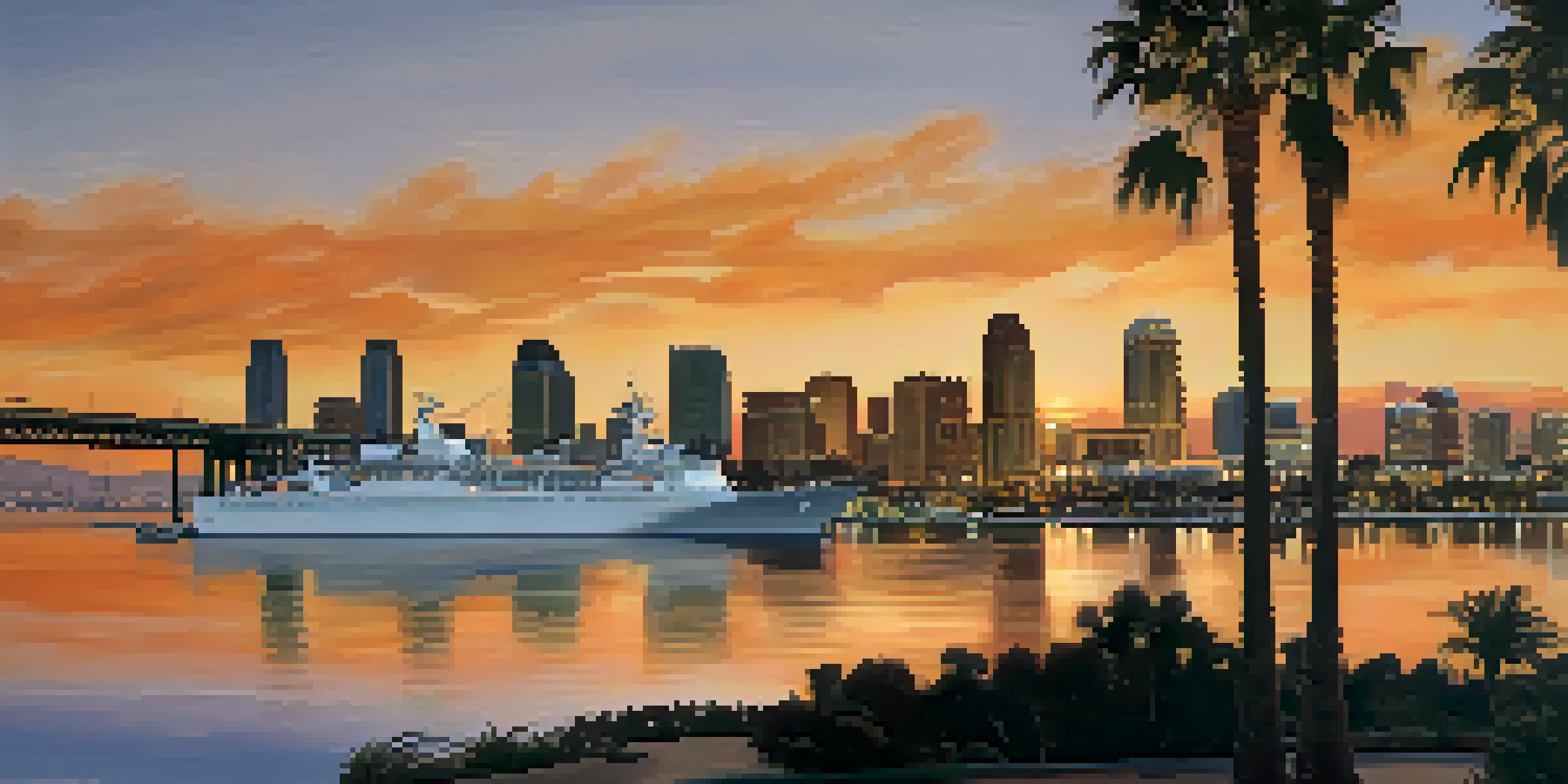 A sunset view of the San Diego harbor with naval ships and palm trees.