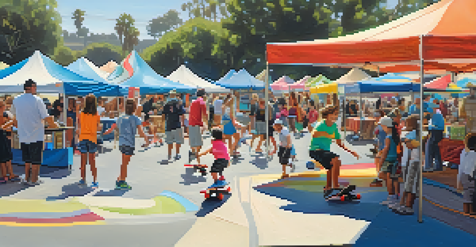 Families and children enjoying a skateboarding competition at the Encinitas Street Fair, with food stalls and live music in the background.