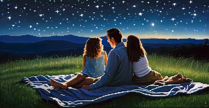 A family lying on a blanket under a starry sky, pointing at constellations with wonder.