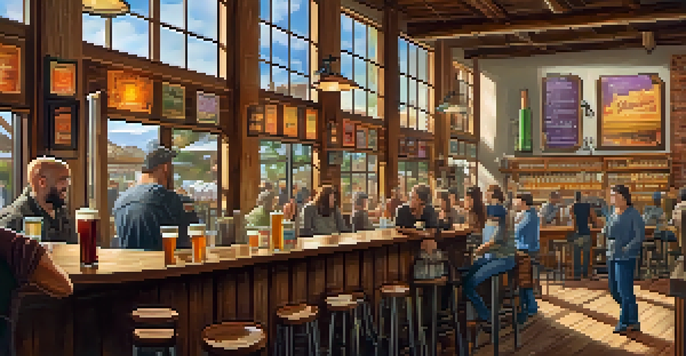 A bustling San Diego brewery with a wooden bar showcasing a flight of colorful Hazy IPAs and patrons enjoying their drinks in a warmly lit atmosphere.