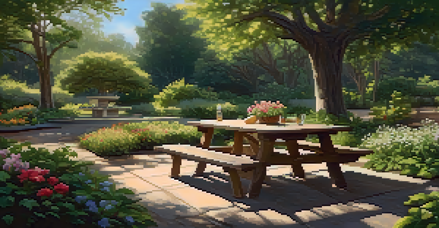 A peaceful picnic area in a botanical garden with a wooden table, flowering plants, and a family enjoying a meal.