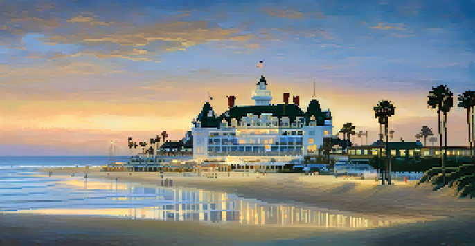 A twilight view of the Hotel del Coronado with a ghostly figure in a white dress near the entrance and a beach reflecting sunset hues.