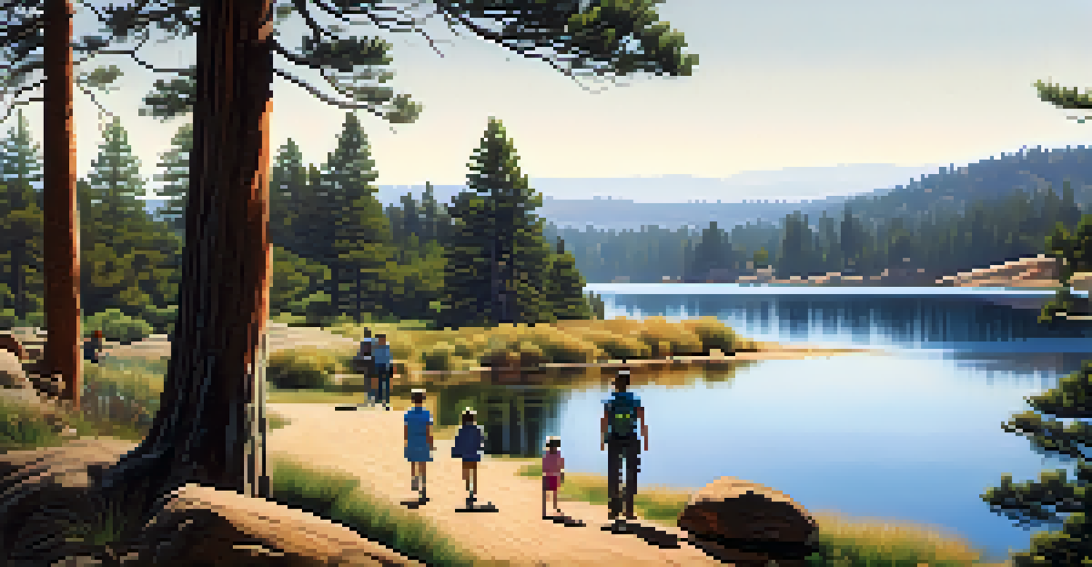 A family hiking by Lake Cuyamaca with children observing birds near the water.