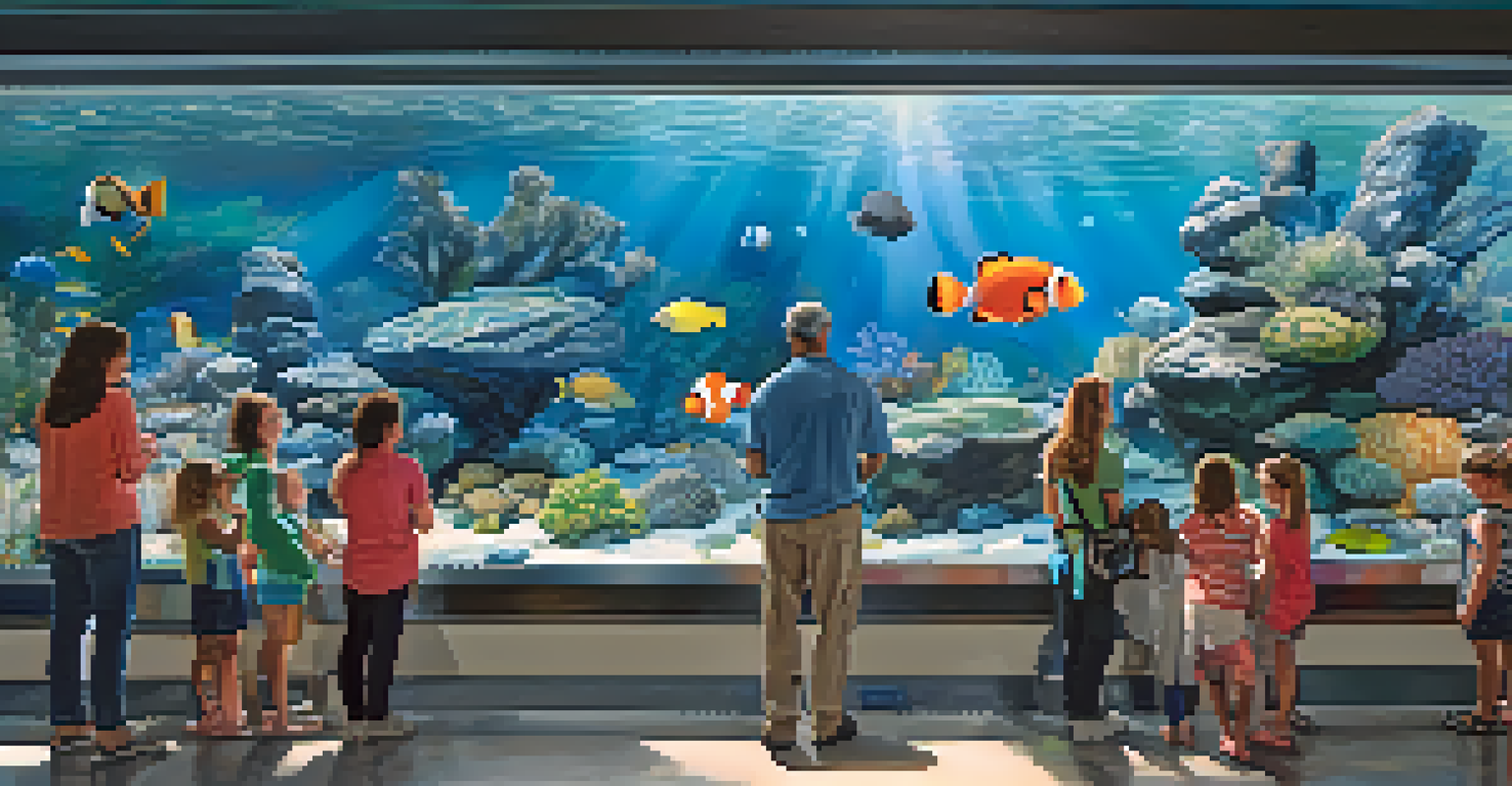 Visitors observing a vibrant aquarium tank filled with marine life at Birch Aquarium.