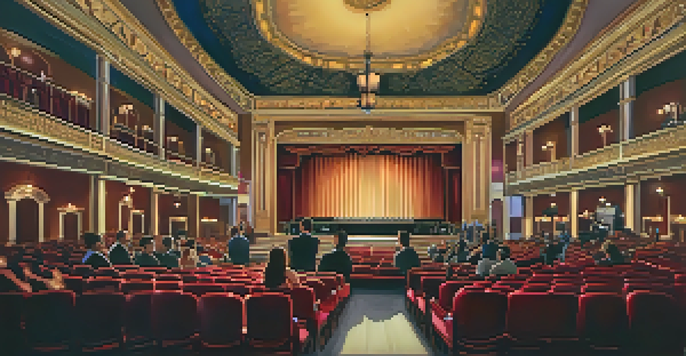 Interior view of Balboa Theatre with a jazz ensemble performing on stage and an engaged audience.
