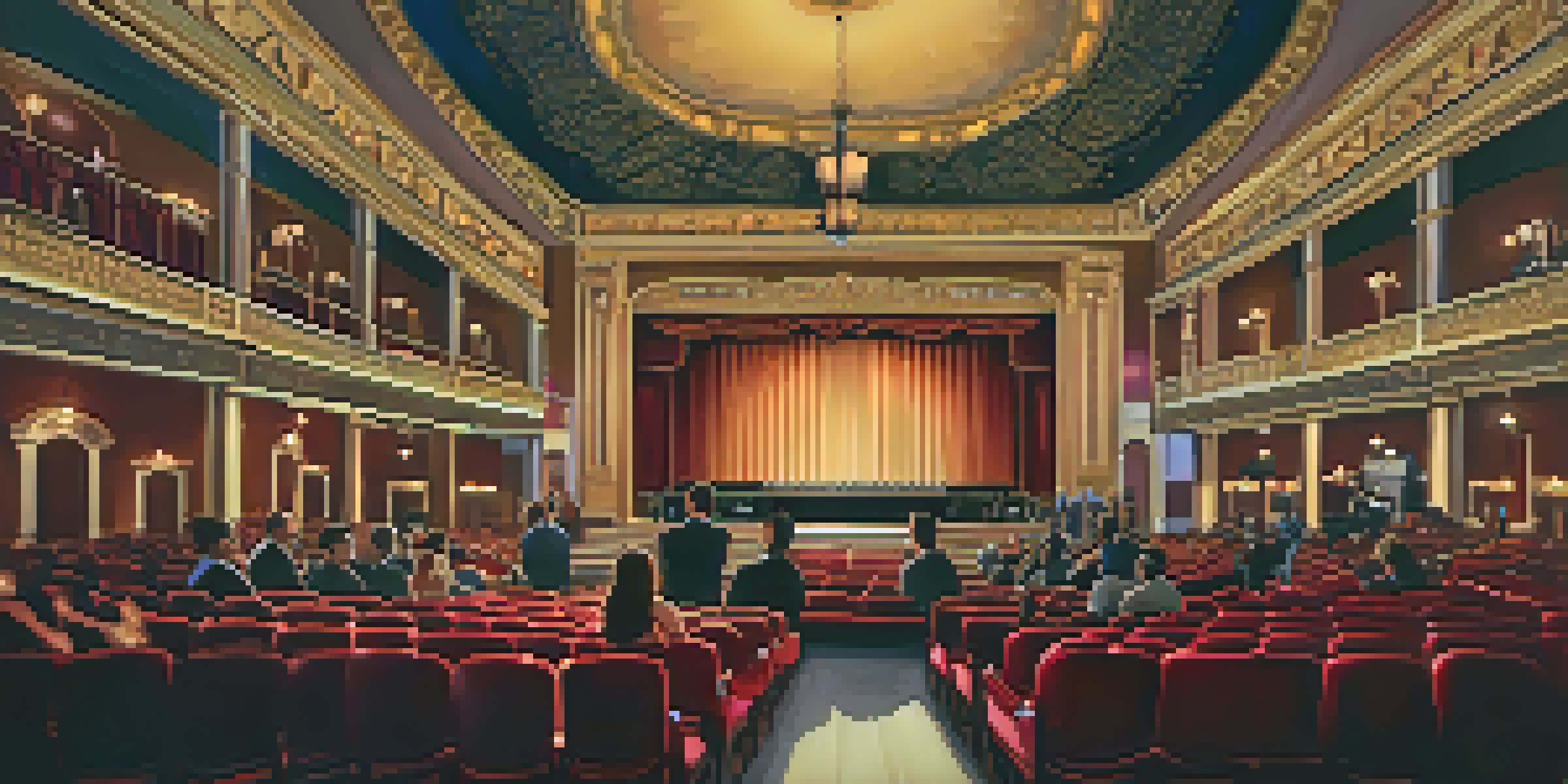 Interior view of Balboa Theatre with a jazz ensemble performing on stage and an engaged audience.