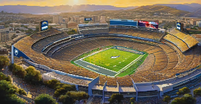 A panoramic view of Qualcomm Stadium filled with fans in Chargers jerseys, under a bright sunny sky with lively tailgating activities.