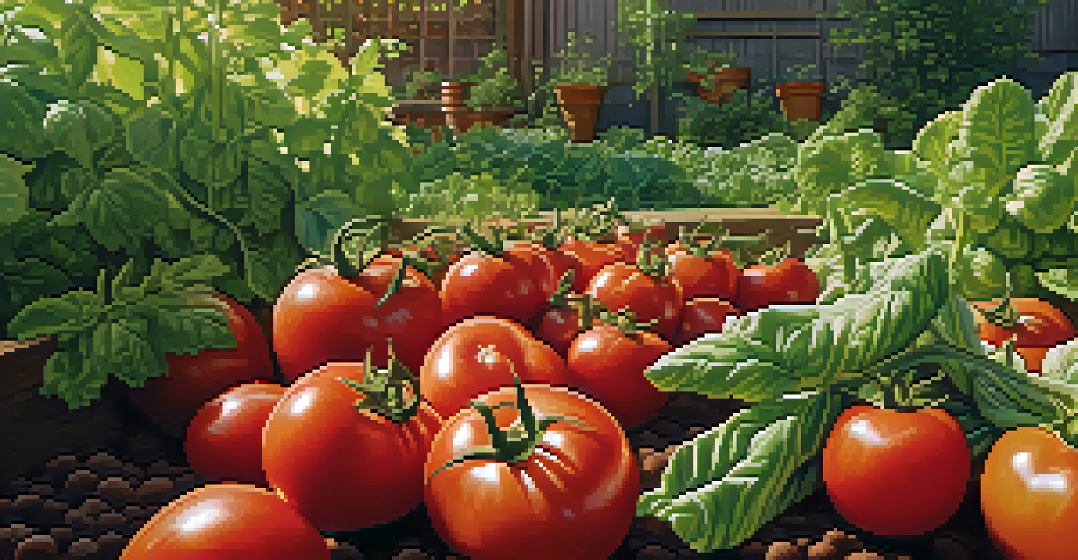 A detailed view of a vegetable plot in a community garden, showcasing fresh produce and healthy plants in sunlight.
