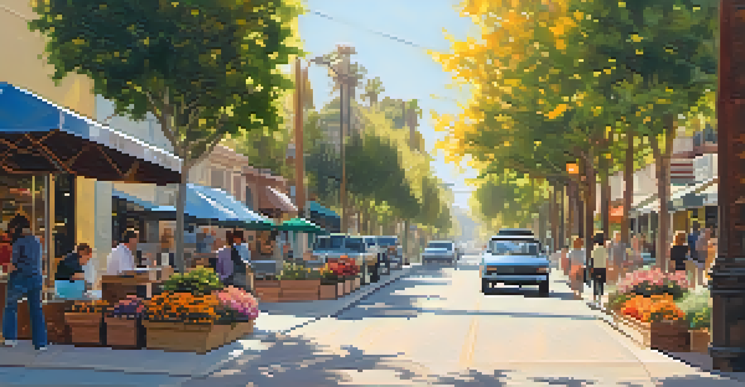 A pedestrian-friendly street in San Diego with people walking and outdoor cafes, featuring colorful flowers and a vintage electric vehicle.