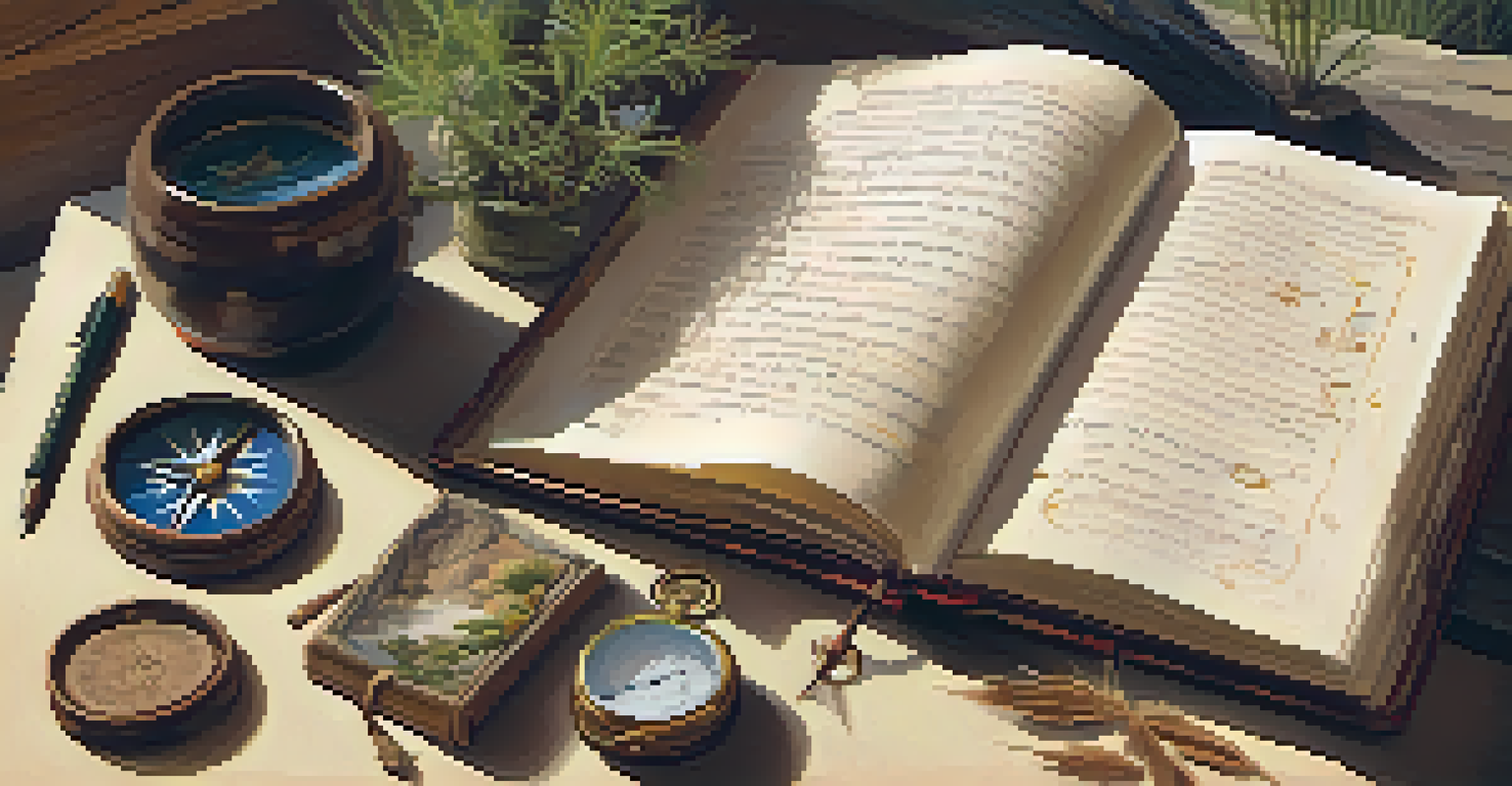 A close-up of an explorer's journal with sketches and notes, surrounded by natural elements and soft sunlight.