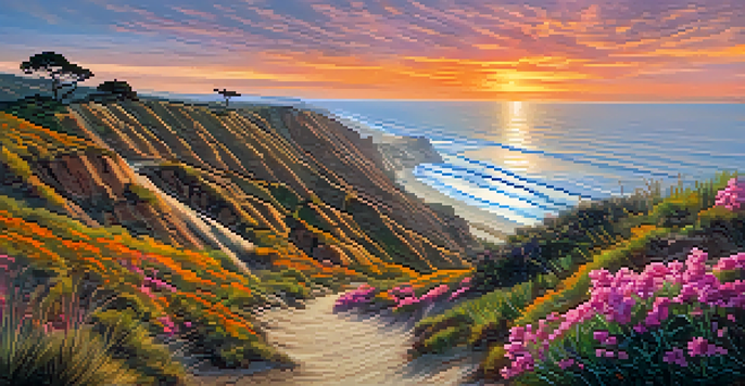 A scenic view from Torrey Pines State Natural Reserve with cliffs and the Pacific Ocean during sunset, featuring a winding trail and wildflowers.