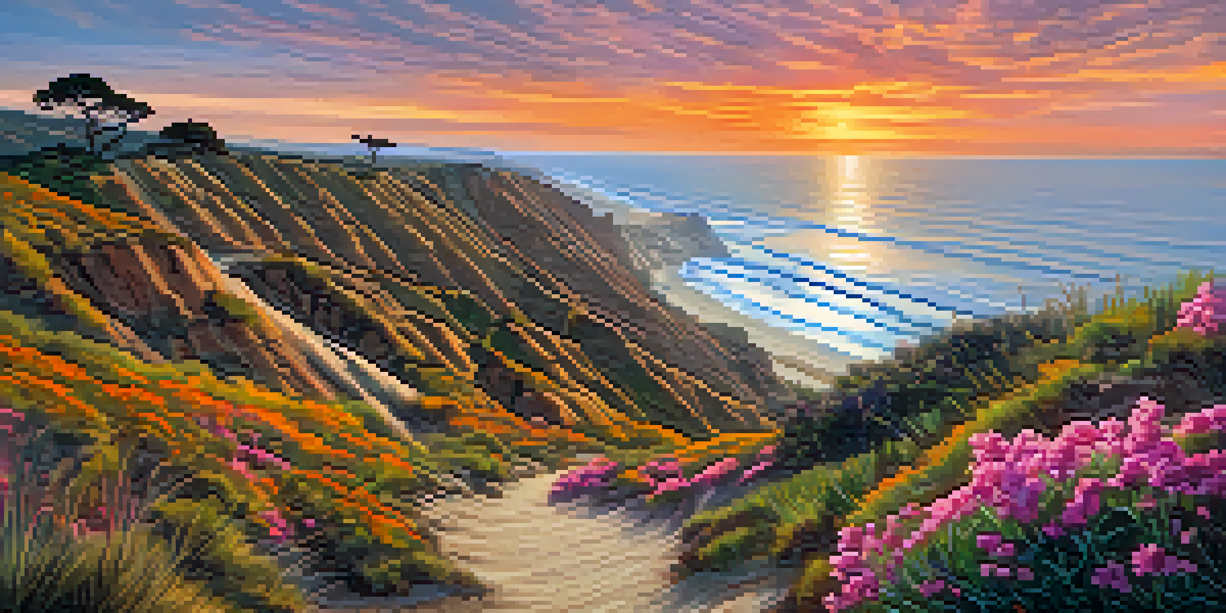 A scenic view from Torrey Pines State Natural Reserve with cliffs and the Pacific Ocean during sunset, featuring a winding trail and wildflowers.