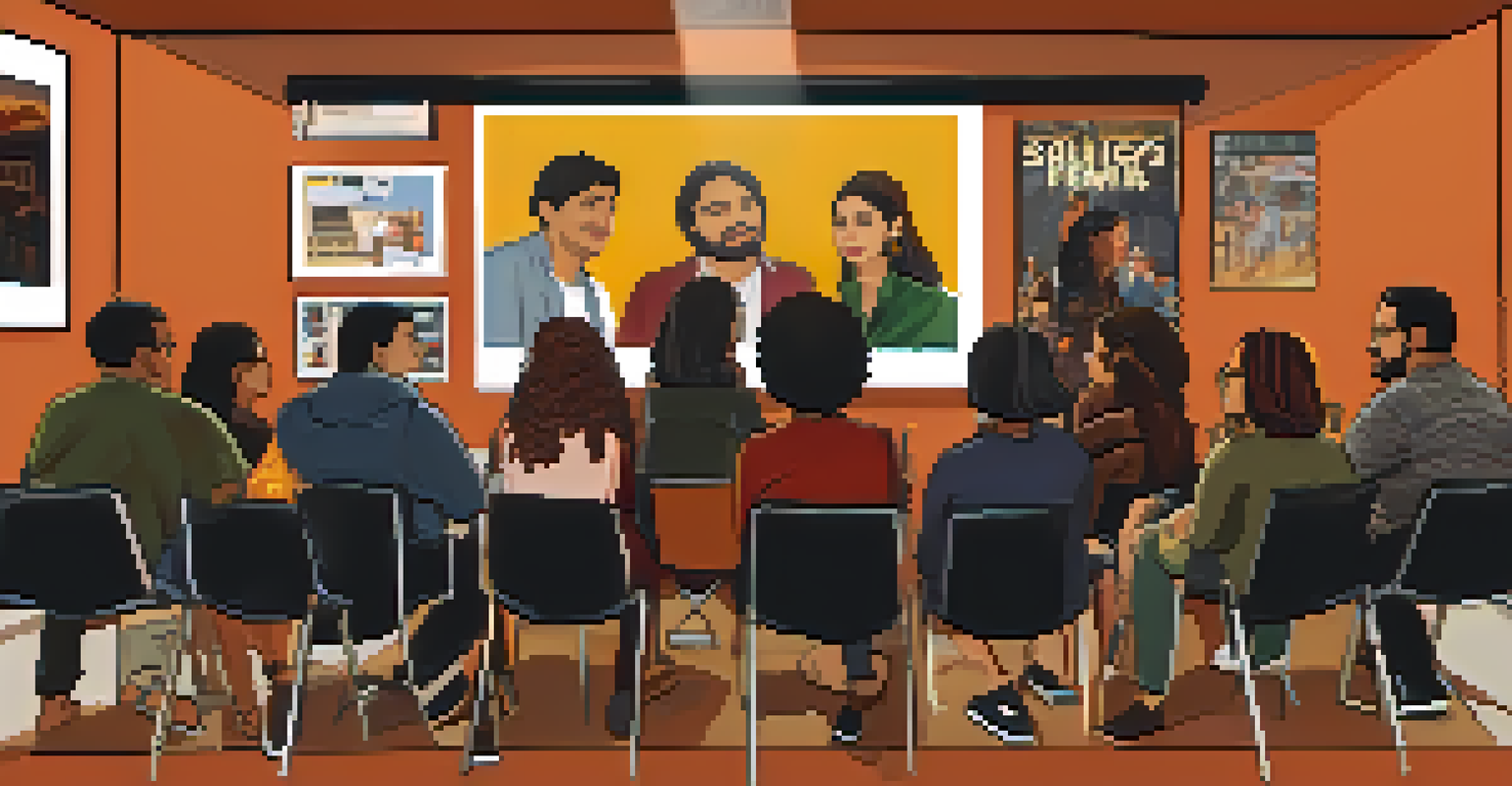 A workshop at the San Diego Latino Film Festival with participants discussing films and filmmakers in a cozy setting.