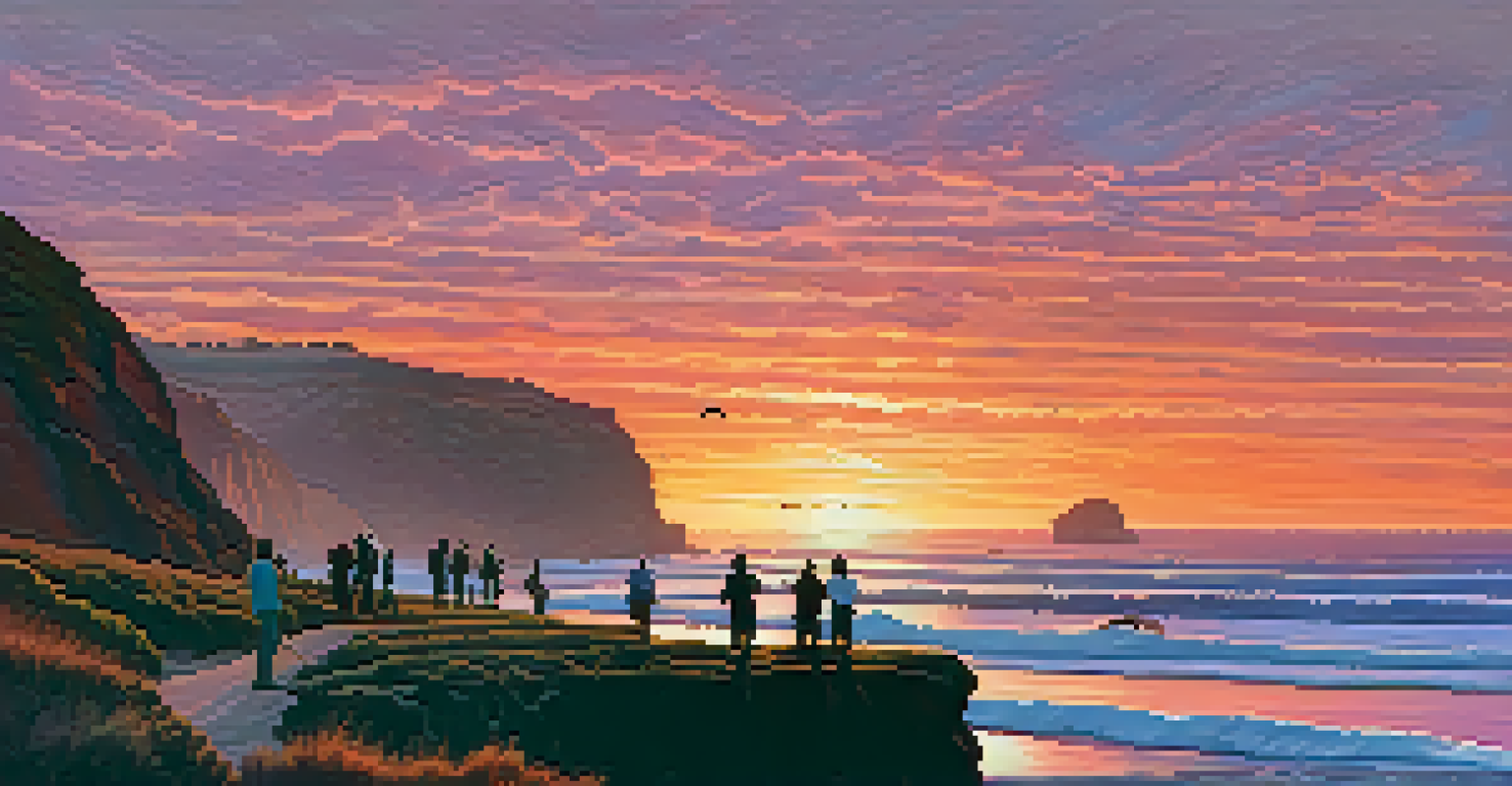 A stunning sunset at Sunset Cliffs, with colorful skies and waves crashing against the rugged cliffs, silhouetting people enjoying the view.