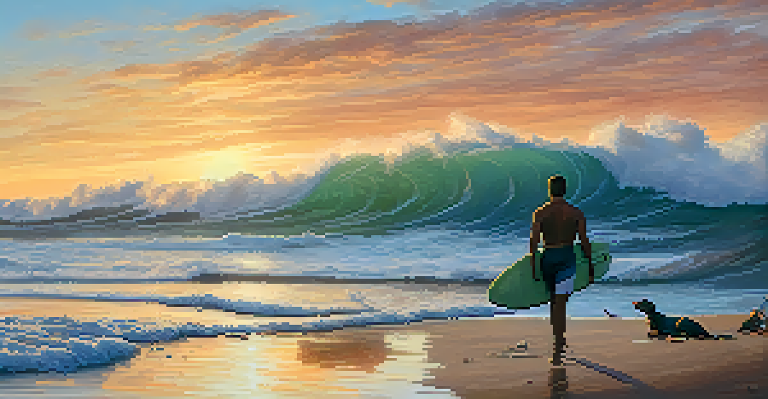 A surfer picking up litter on a beach at sunset, with waves in the background and other surfers enjoying the ocean, emphasizing community commitment to environmental protection.
