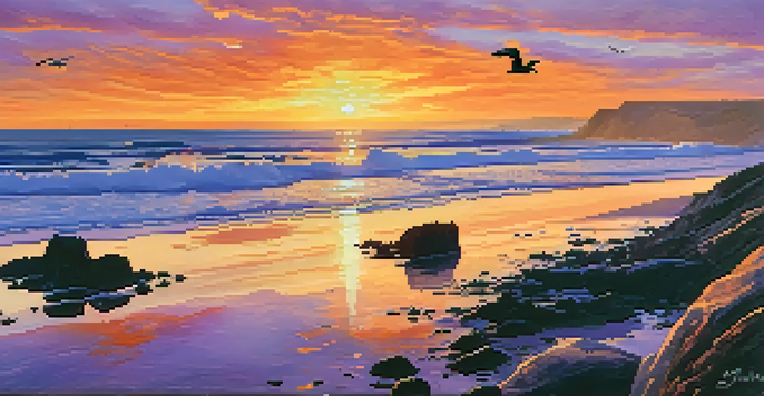 A stunning sunset at Torrey Pines State Natural Reserve, with sea lions on the rocks and a tern flying above.