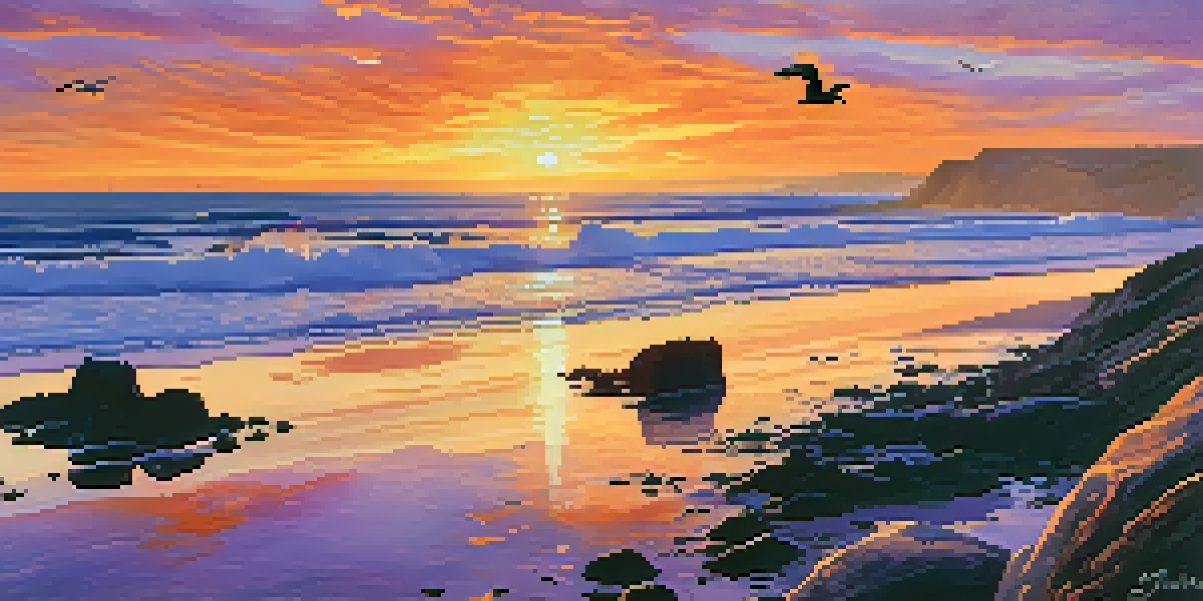 A stunning sunset at Torrey Pines State Natural Reserve, with sea lions on the rocks and a tern flying above.