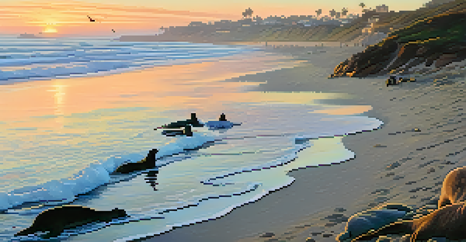 A peaceful sunrise at La Jolla Shores, with colorful reflections in the water, sea lions on the rocks, and a family having a picnic on the beach.