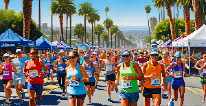 A lively marathon scene with runners and spectators along a sunny coastal route in San Diego.