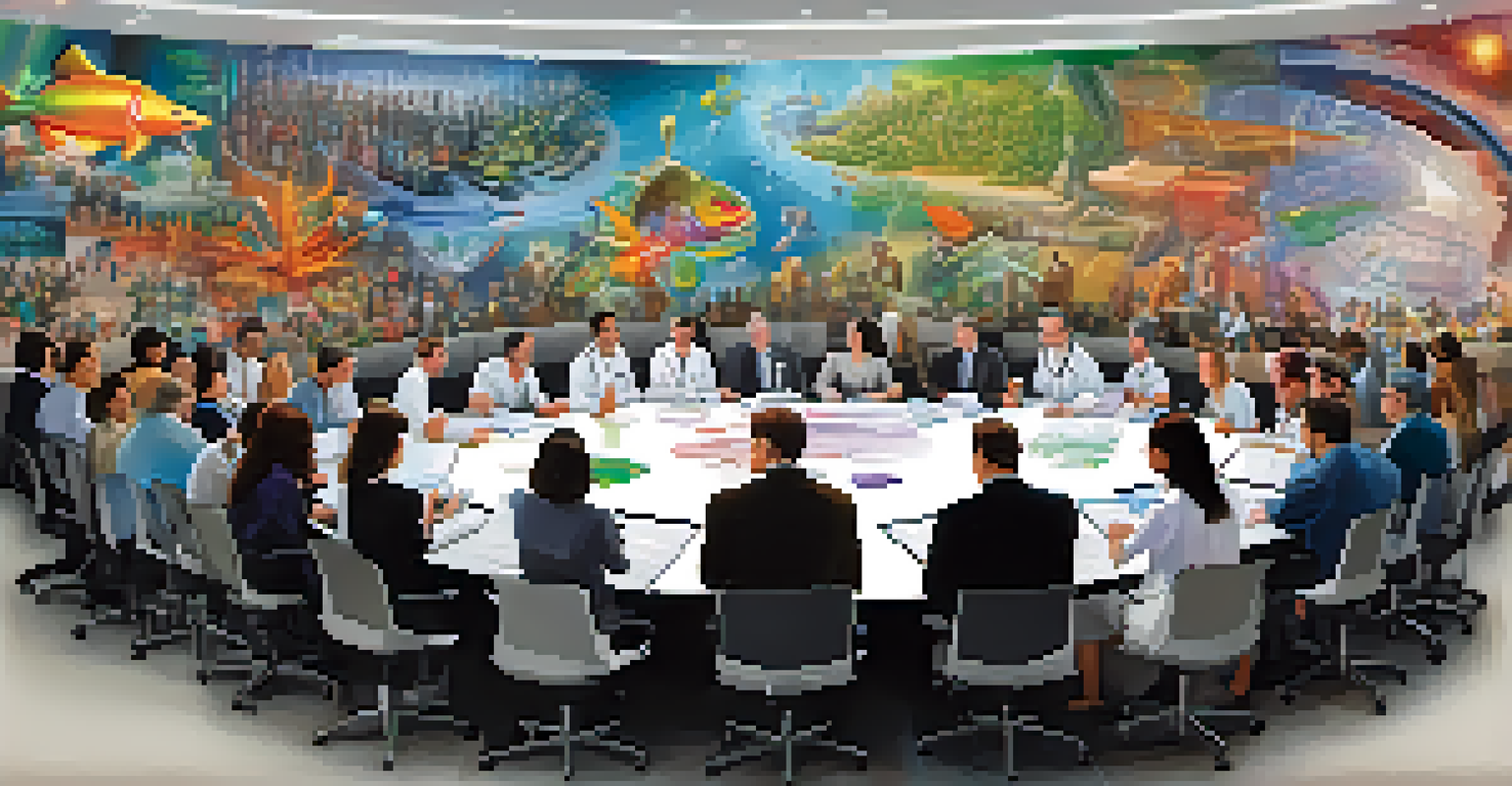 A collaborative biotech ecosystem scene in San Diego with diverse professionals engaged in discussion around a table filled with research materials, set against a vibrant mural.