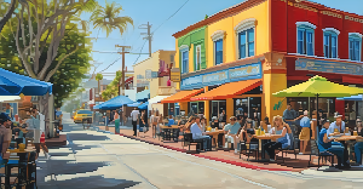 Lively street scene in North Park, San Diego with colorful murals, cafes, and trendy shops.