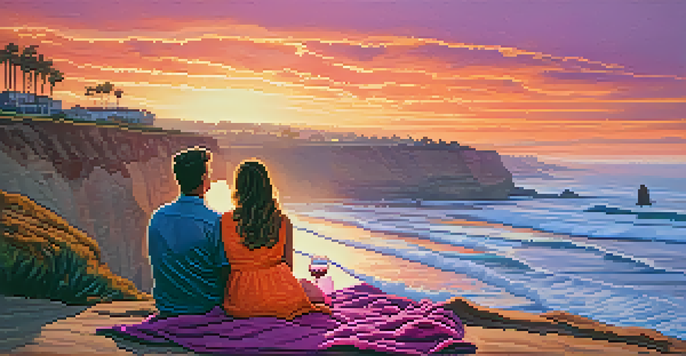 A couple enjoying a sunset at Sunset Cliffs, with colorful skies and ocean waves in the background.