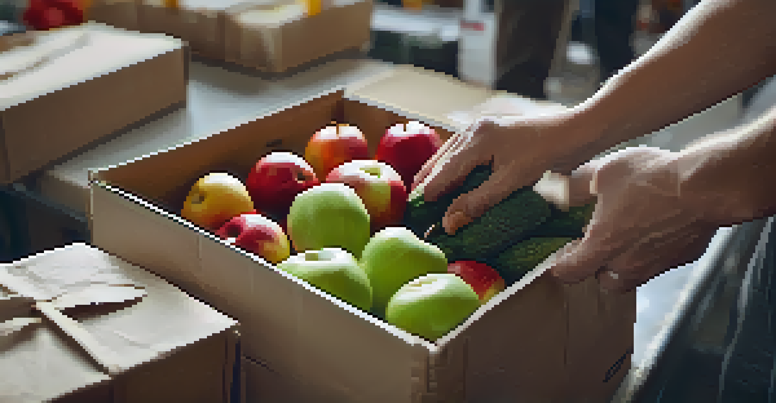 Close-up of a volunteer packing food boxes with fresh produce and canned goods.