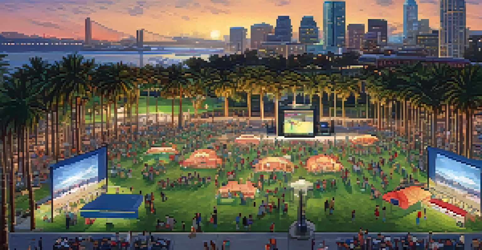 Aerial view of Waterfront Park in San Diego during a movie screening, filled with families and the city skyline in the background.