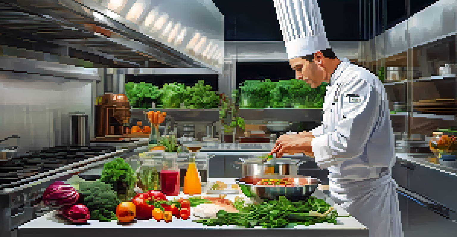 A professional chef in a modern kitchen using advanced cooking technology with fresh ingredients around.