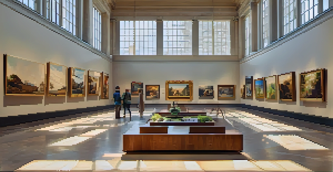 A brightly lit art gallery filled with visitors admiring various artworks, with large windows allowing natural light to illuminate the space.