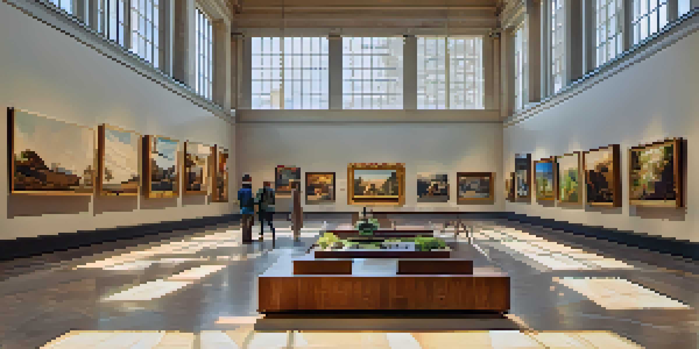 A brightly lit art gallery filled with visitors admiring various artworks, with large windows allowing natural light to illuminate the space.