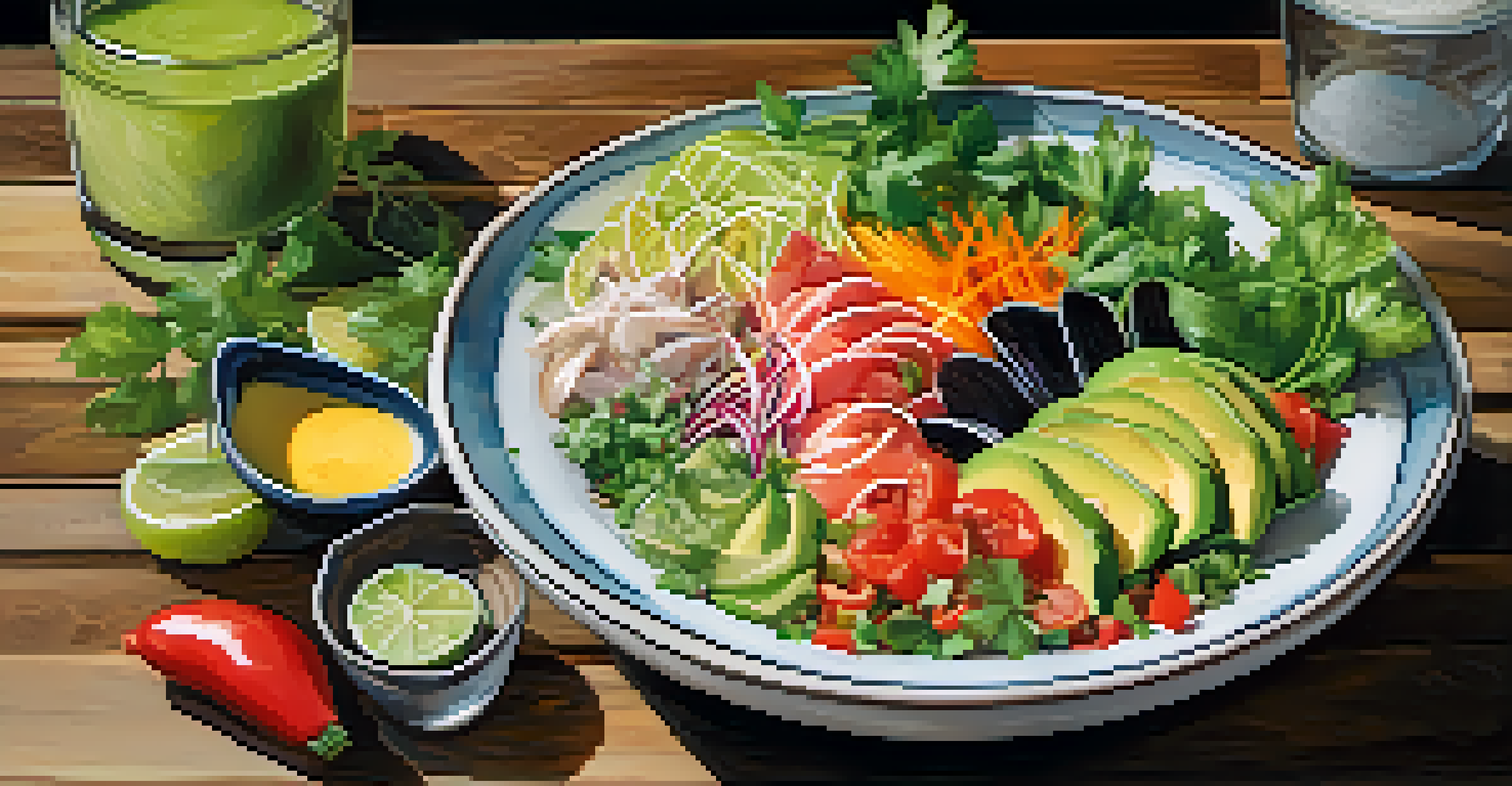 A colorful poke bowl made with fresh ingredients, beautifully plated on a rustic table.