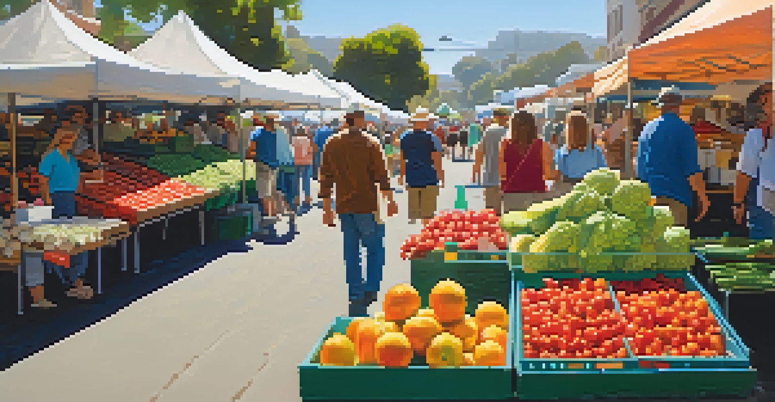 A farmers market in San Diego with vendors selling fresh produce and shoppers interacting.
