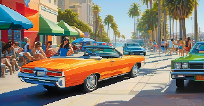 A sunny street scene in San Diego with a ride-sharing vehicle parked near the beach, palm trees, and colorful umbrellas.
