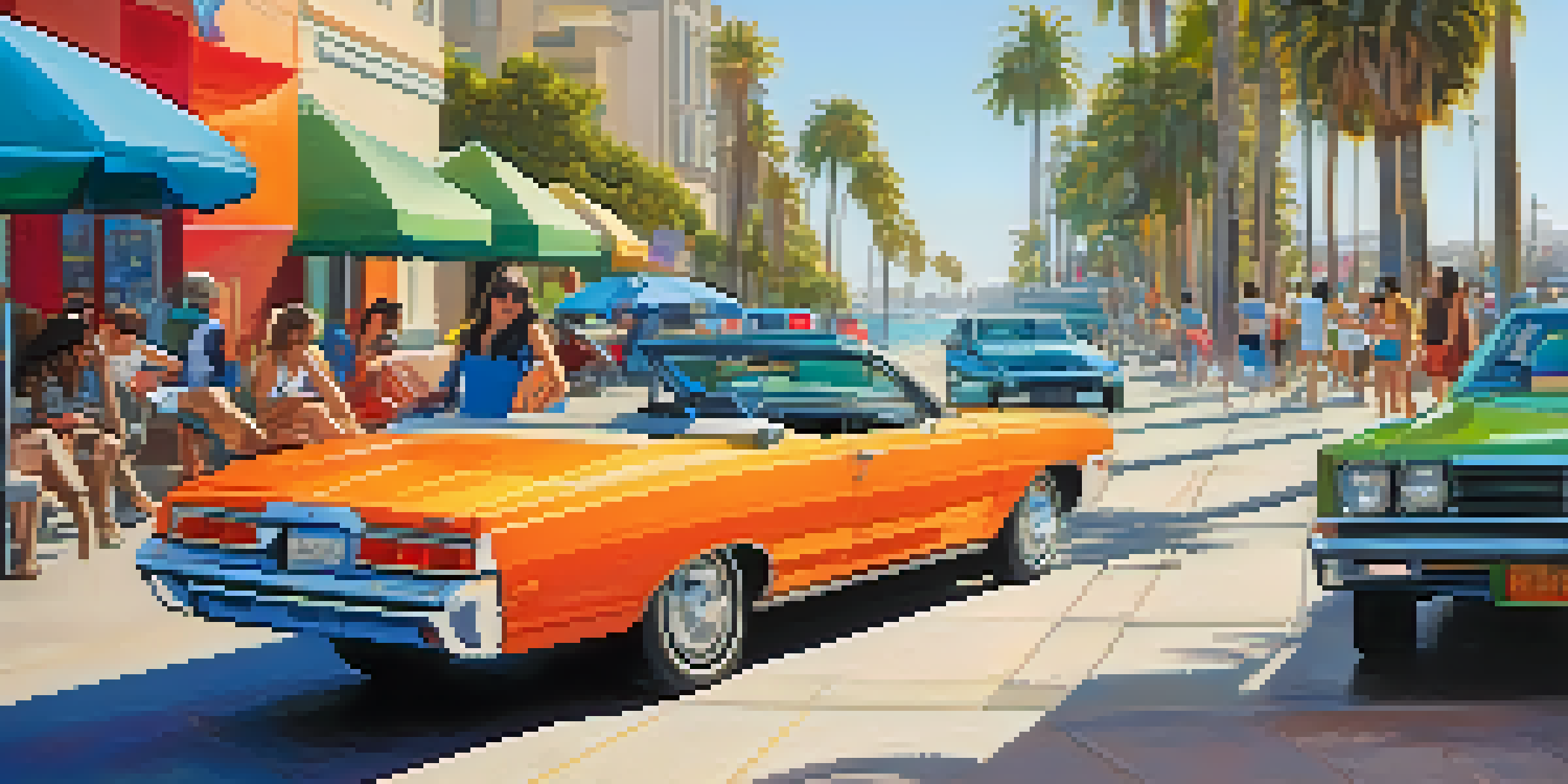 A sunny street scene in San Diego with a ride-sharing vehicle parked near the beach, palm trees, and colorful umbrellas.