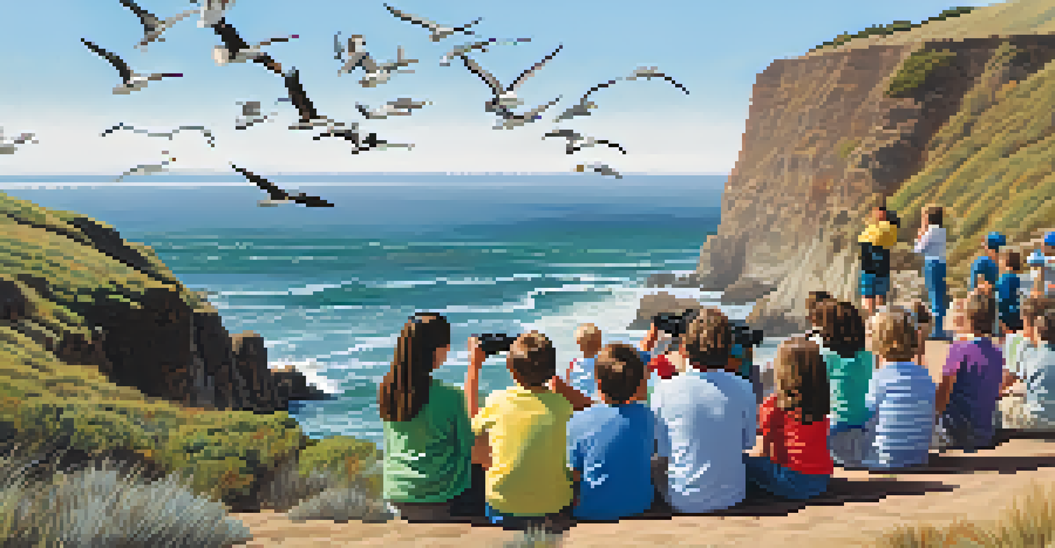 Families participating in a birdwatching event at Cabrillo National Monument, with seabirds and ocean views.