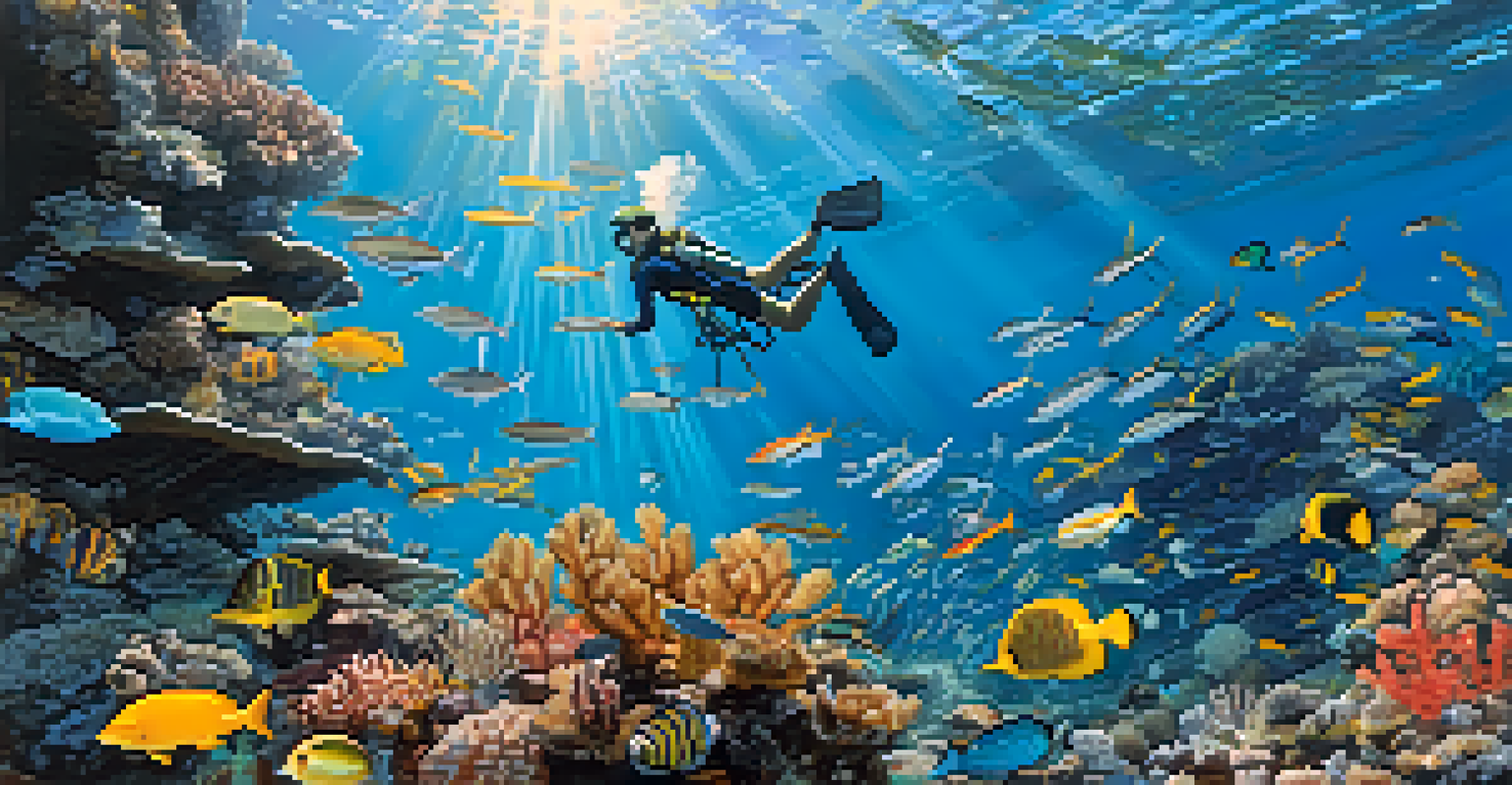 An underwater view of a vibrant coral reef with marine life and a diver observing.