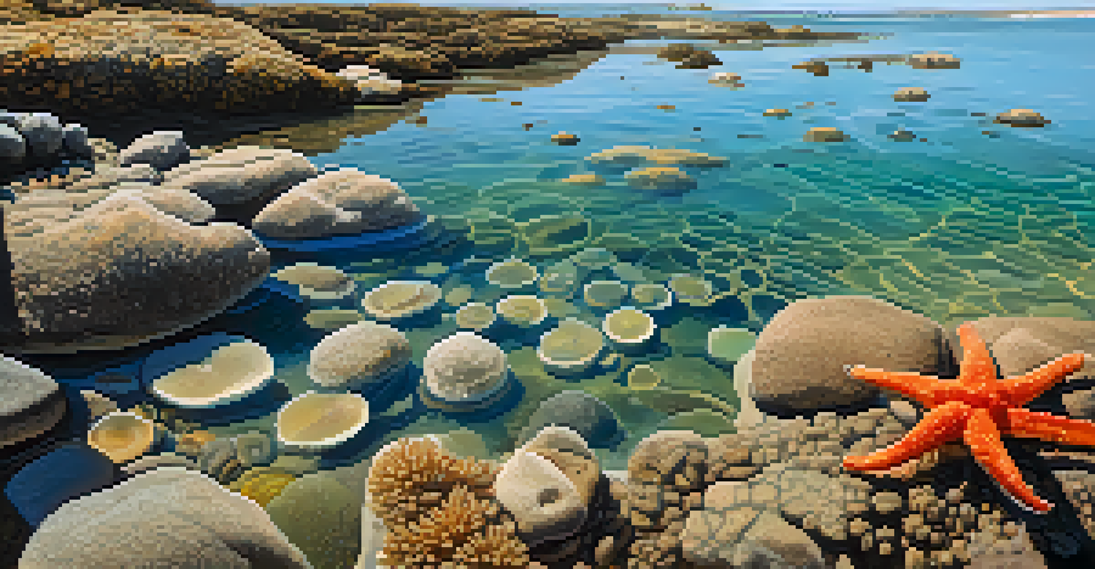 A close-up of a tidal pool at Cabrillo National Monument revealing marine life like sea stars and anemones, with clear water and sunlight creating a calming scene.