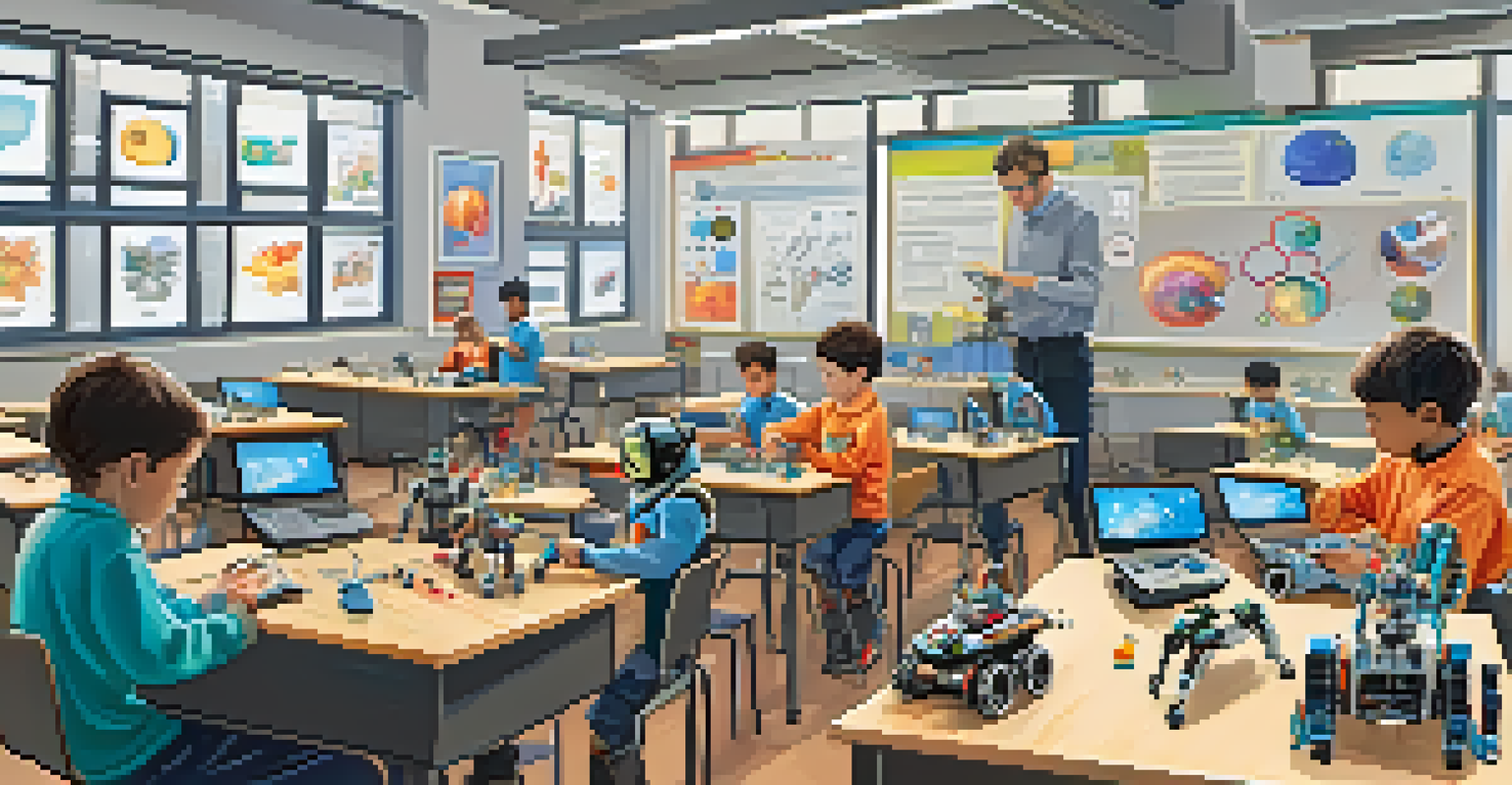 Students engaged in robotics experiments in a classroom, building robots with colorful components.