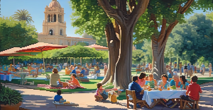 A colorful picnic setup under a large tree in Balboa Park, with families enjoying their meal in a lush garden setting.
