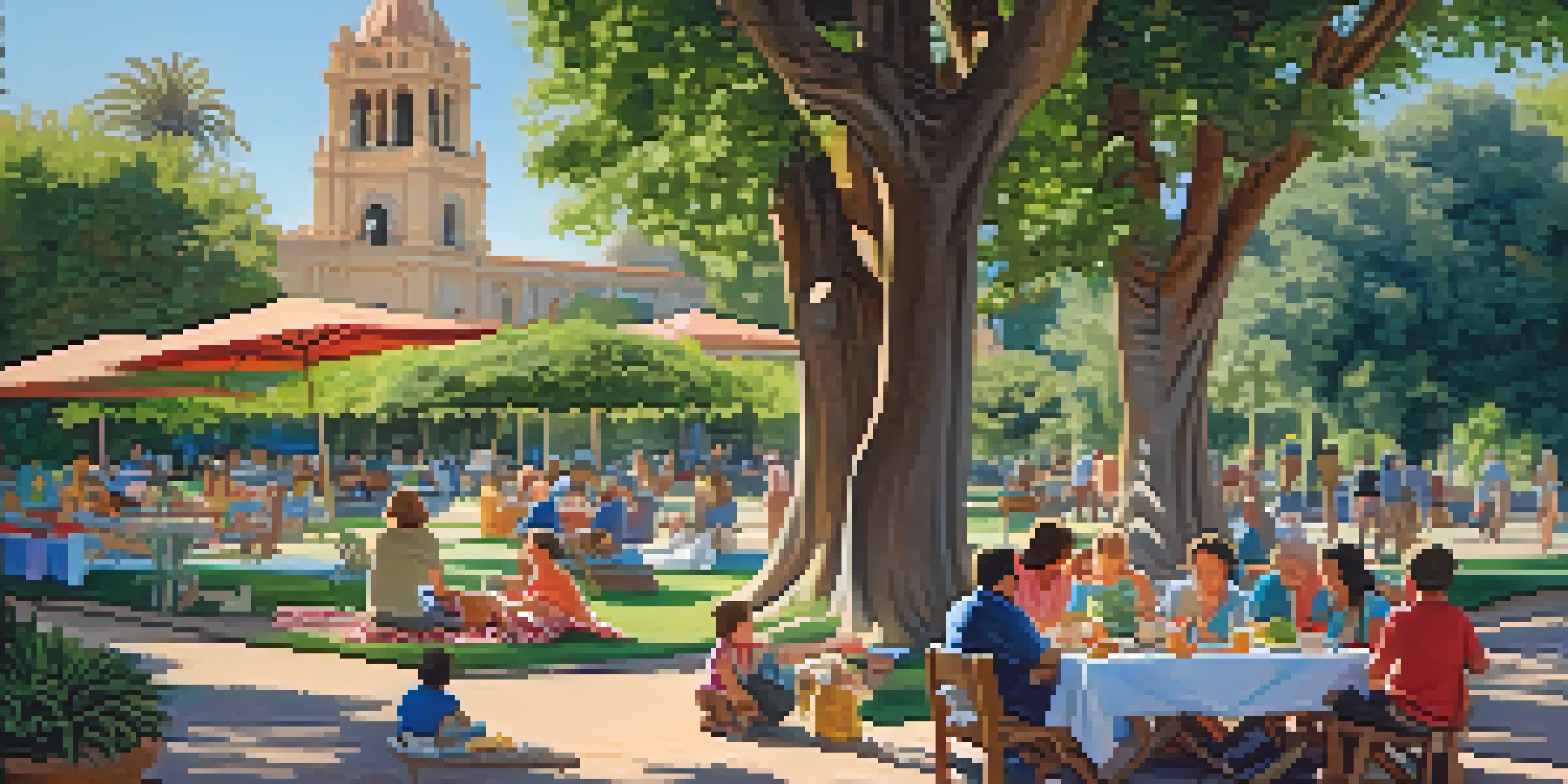 A colorful picnic setup under a large tree in Balboa Park, with families enjoying their meal in a lush garden setting.