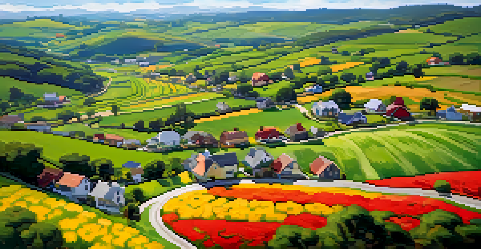 Aerial view of colorful wildflower fields and rolling hills along Scenic Route 78 in spring.