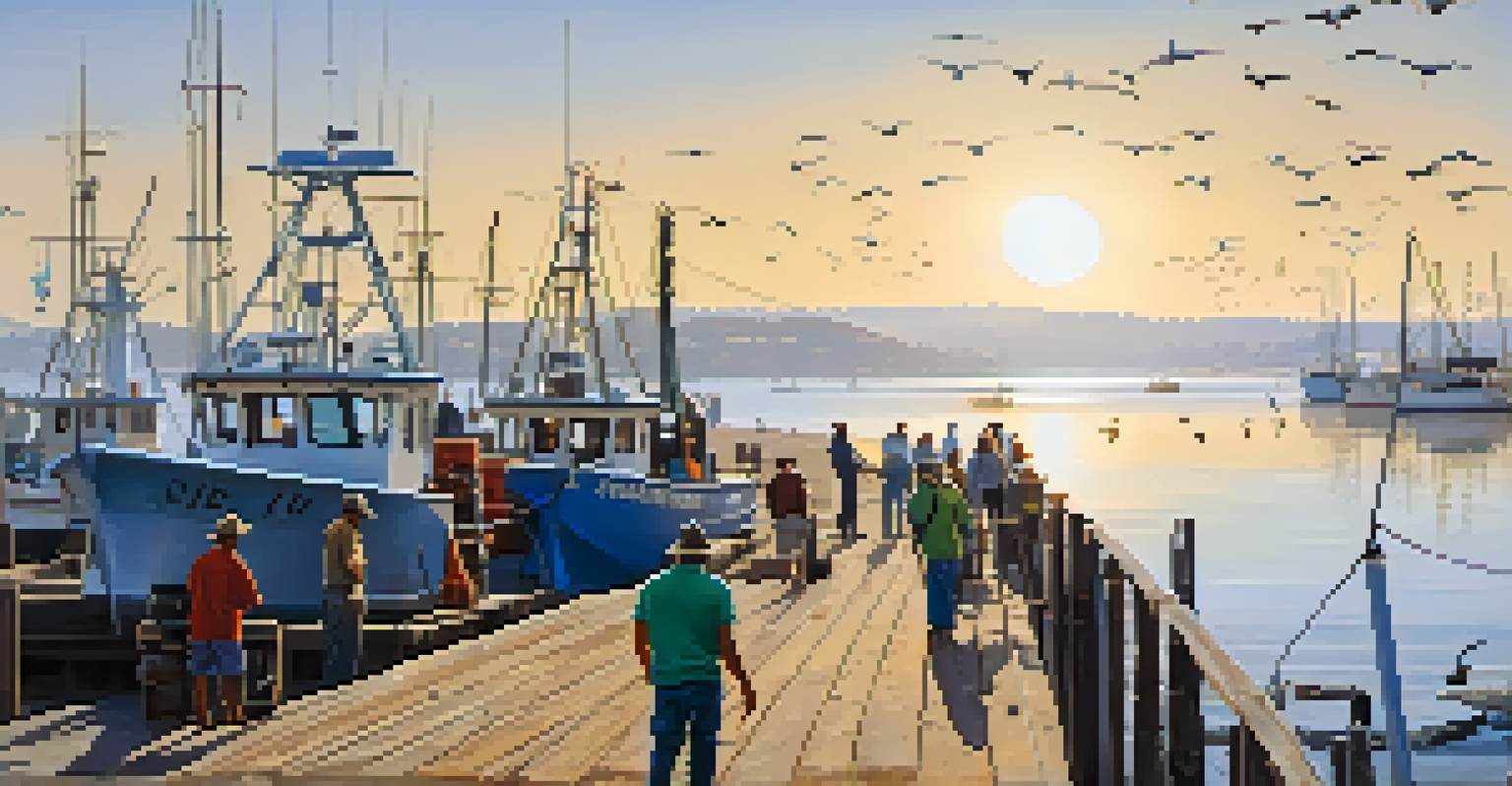 A tranquil coastal scene in San Diego where local fishermen are unloading sustainable seafood from a boat at the pier.